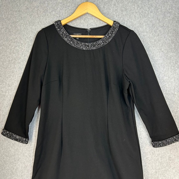 Talbots Black Sheath Dress‎ Ponte Tweed Neckline 3/4 Sleeve Office 14 Petite 14P - Picture 3 of 13
